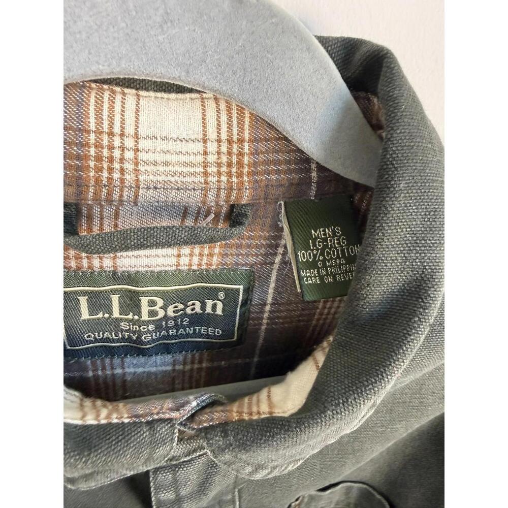 L.L. Bean Olive Green Flannel Lined Canvas Chore Snap Jacket Large Pockets - Picture 2 of 6